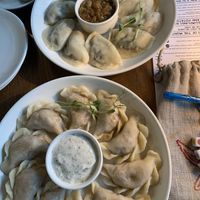 Above: mushroom filling and fried onions as a dip. Below: soy protein filling with truffle Mayo. Both 10/10!  at Pierogarnia Mandu Centrum in Gdansk
