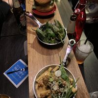 Vegan pasta, padron peppers, burger.  at Pinchos in Helsinki