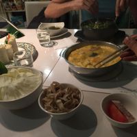 Vegan Coco Pumpkin hotpot with large noodles + hummus wrap + curry bibimbap at Loving Hut - Heping Branch in Taipei