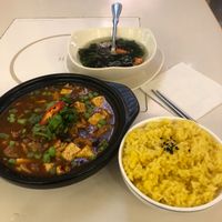Spicy tofu with rice and soup at Loving Hut - Heping Branch in Taipei