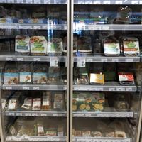 Meat alternatives in the fridge at Bio Drome Natuurvoeding in Goes
