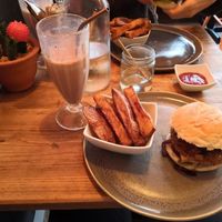 Seitan burger and homemade chips with peanut butter shake. at PEACH in Newport