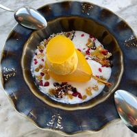 Poached pear and sorbet  at Cinnamon Kitchen in Oxford