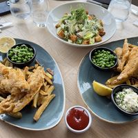 Vegan Fish & Chips with Vegan Tartar Sauce and Vegan Caesar Salad.  at Kylesku Hotel in Lairg