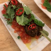 Falafel
Skewed falafel balls.
Tasty & healthy made of chickpeas and Tahini (sesame).
Soo.. good you'll ask for more! at Kukla in Valencia