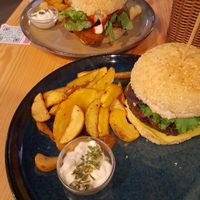 Bean & Mushroom Burger (right) and Crispy Seitan & Bacon Burger (left) at Kind Kitchen in Porto