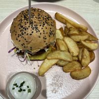 Seitan and bacon burger - crispy burgher that was excellent and huge   at Kind Kitchen in Porto