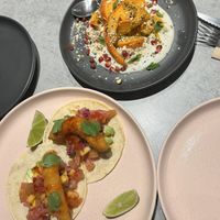 Shrimp tacos + pumpkin feta  at Kind Kitchen in Porto