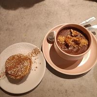 Caramel chocolate mousse and pastel de nata  at Kind Kitchen in Porto