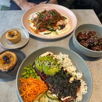 ‘Salmon’ bowl, shwarma mushrooms and Korean chicken bites. at Kind Kitchen in Porto