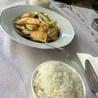 Tofu dish and white rice  at Wen Zhou Specialties in Thessaloniki