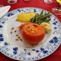 Stuffed tomato with cap off at Ponderosa in Assen