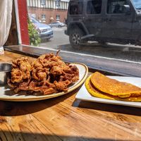 Chick'n and Waffles, with a side of chickpea "scramble." at Cultivate Cafe in Jackson