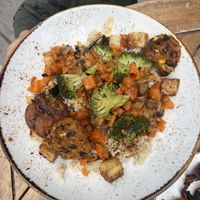 Teriyaki tofu with added fritters (spicy mushrooms on the side out of photo)  at Life Alive Organic Cafe - Back Bay - Boylston St in Boston