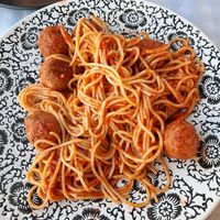 Meatballs with pasta in tomato sauce at Mezza Volta in Corfu