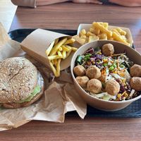 Burger and falafel salad + fries  at Legoland Resort in Billund