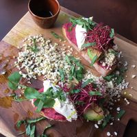 Bread with red beet, vegan ricotta  at Bom in Bouillon