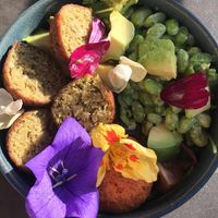 Vegan Budha Bowl with falafel, avocado, lentils, edamame beans, humus lettuce and edible flowers. at Bom in Bouillon