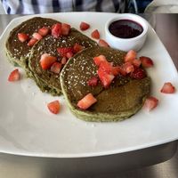 Matcha pancakes with raspberry sauce  at Green Culture in New Port Richey