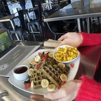 Large matcha waffle with syrup  at Green Culture in New Port Richey