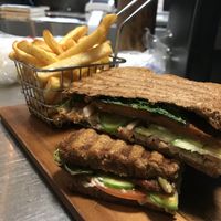 Fresh vegan grilled steak sandwich & chips - an absolute must try! at The Healthy Hub Cafe in Cairns