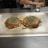 vegan on left, vegetarian on right  at Okonomiyaki Chitose in Osaka