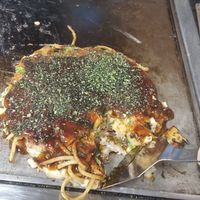 basic vegan okonomiyaki with yaki soba noodles (modanyaki) at Okonomiyaki Chitose in Osaka