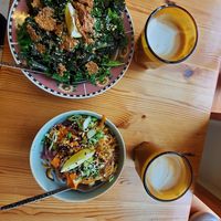 Kale salad and pad thai with oat lattes at Yayu in Ucluelet