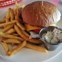 Beetle-burger, fries and vegan ranch dip at Rock'n Roll Diner in Kokkola