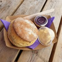 Vegan lavender scone with vegan butter and jam! at Mayfield Lavender Farm in Banstead