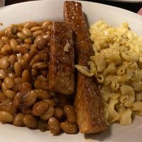 “BBQ Sundae” baked beans, vegan Mac n cheese and smoked tempeh   at Pasches Seafood Kitchen in Battle Creek