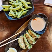 Edamame, dumplings and amazing sauce(all vegan) at Hinodeya Ramen - Downtown in San Francisco