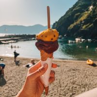 Peach and dark chocolate. Sat down by the sea to eat  at Gelateria Amore Mio in Vernazza