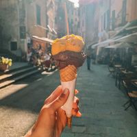Peach and dark chocolate  at Gelateria Amore Mio in Vernazza