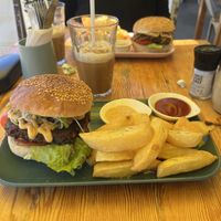 Mushroom Burger and iced coffee (oat milk)  at Blended in Cape Town