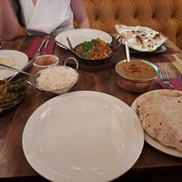 Dhal, okra, chapati, rice at Obsession of India in Glasgow