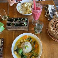Tofu and cashew curry, beetroot smoothie, Mac and cheese (not vegan)   at Bali Buda in Ungasan