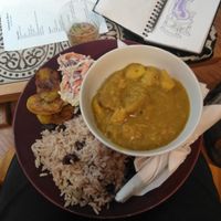 Vegan curry mutton with rice and peas coleslaw and fried plantain. Was very nice. at Aubergine in Cardiff