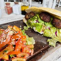 Focaccia with eggplant meatballs (vegan)  at Painapol in Holbox
