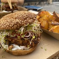 Pulled pork burger with potato wedges…DELICIOUS! at VegaSpix in La Ciotat