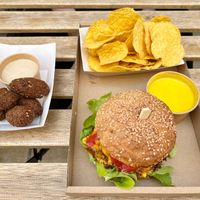 Beyond meat burger and nachos with cheese fondue and falafel with tahini sauce at VegaSpix in La Ciotat