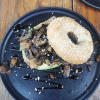 Avocado, grilled tofu and mushroom bagel (vegan) at AmaZone Cafe in Moliets
