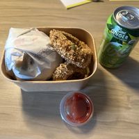 Pretty Burger, onion rings, and sparkling waterr  at Bubbie's - Plant Burgers at Plant Food Lab in Washington