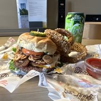 Pretty Burger, onion rings, and sparkling water  at Bubbie's - Plant Burgers at Plant Food Lab in Washington