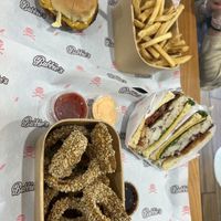Special order cheese burger,  fries, onion rings, and southern potato salad BLT.   at Bubbie's - Plant Burgers at Plant Food Lab in Washington