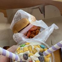 Buffalo chicken sandwich and Cap’n Crunch shake  at Bubbie's - Plant Burgers at Plant Food Lab in Washington