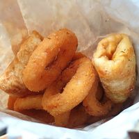 Small onion rings $5 and serve of 2 veggie dimsims $5 at Saki Souvlaki  in Cheltenham