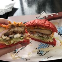 Vegan chicken burger (item number 60). Was so good!! at Saki Souvlaki  in Cheltenham