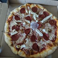 Plant Based Meat Lovers pizza! Great vegan "sausage" at Beach Bella Pizza II in Virginia Beach