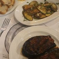 Stuffed eggplant + Fried zucchini w/garlic at Onhezmi in Sarande